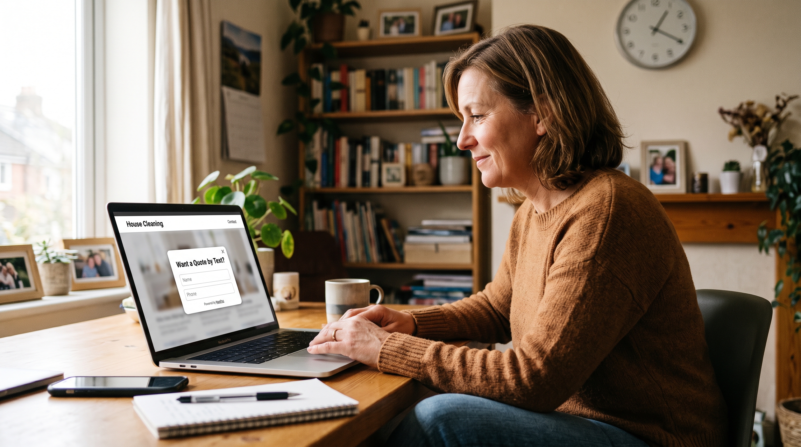 A home-office desk with a laptop showing a small Want a Quote by Text popup on a house-cleaning website.