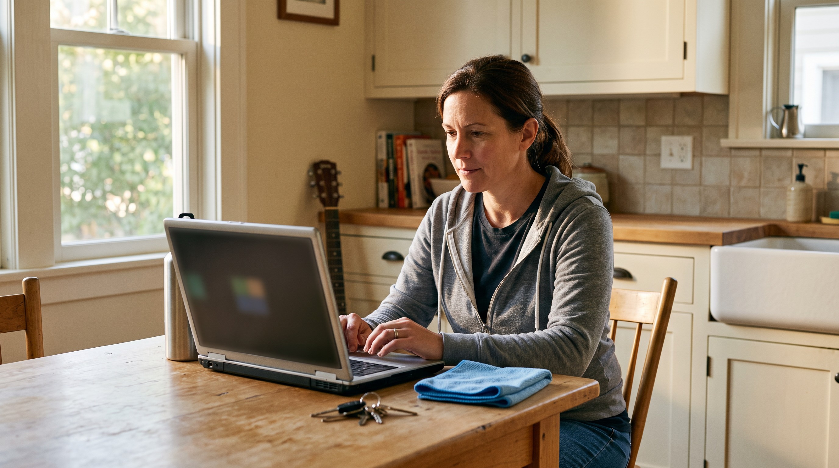 A maid-service owner after a job sitting at a kitchen table with a laptop, working on her cleaning business website.