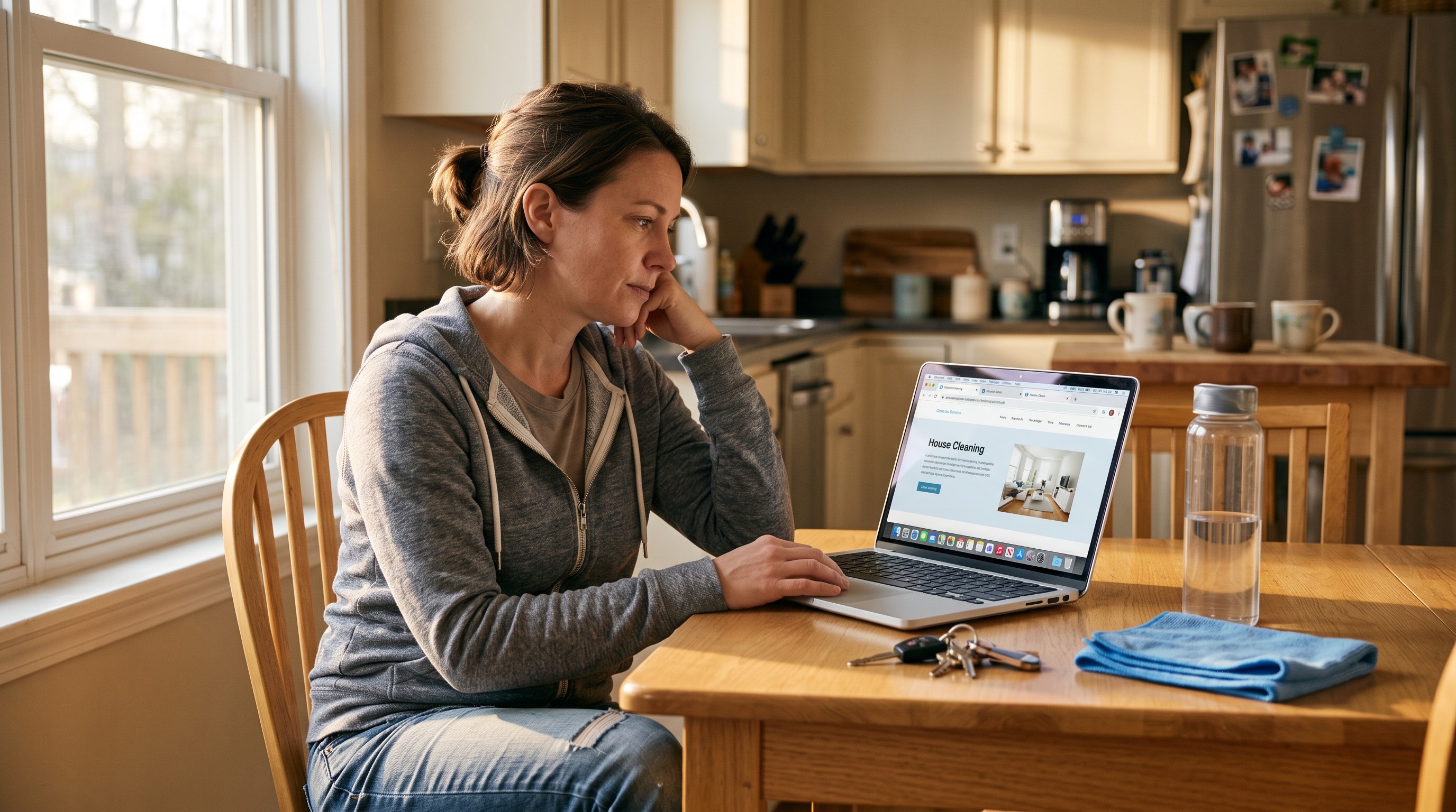 A maid-service owner after a job looking at a laptop with several house-cleaning tabs open.