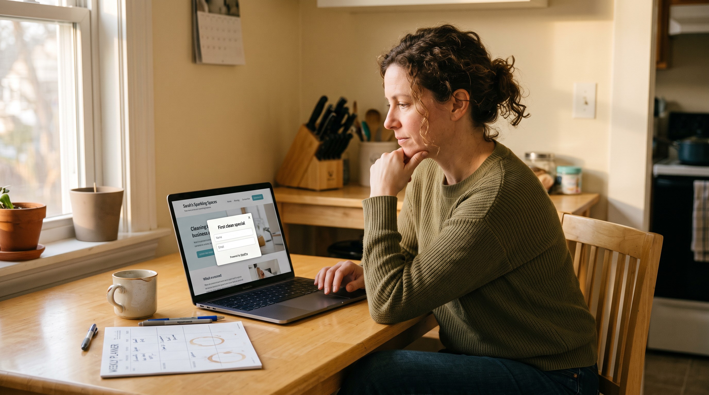 A maid-service owner at a kitchen table looking at a laptop where a small first-clean discount popup sits on their cleaning website.