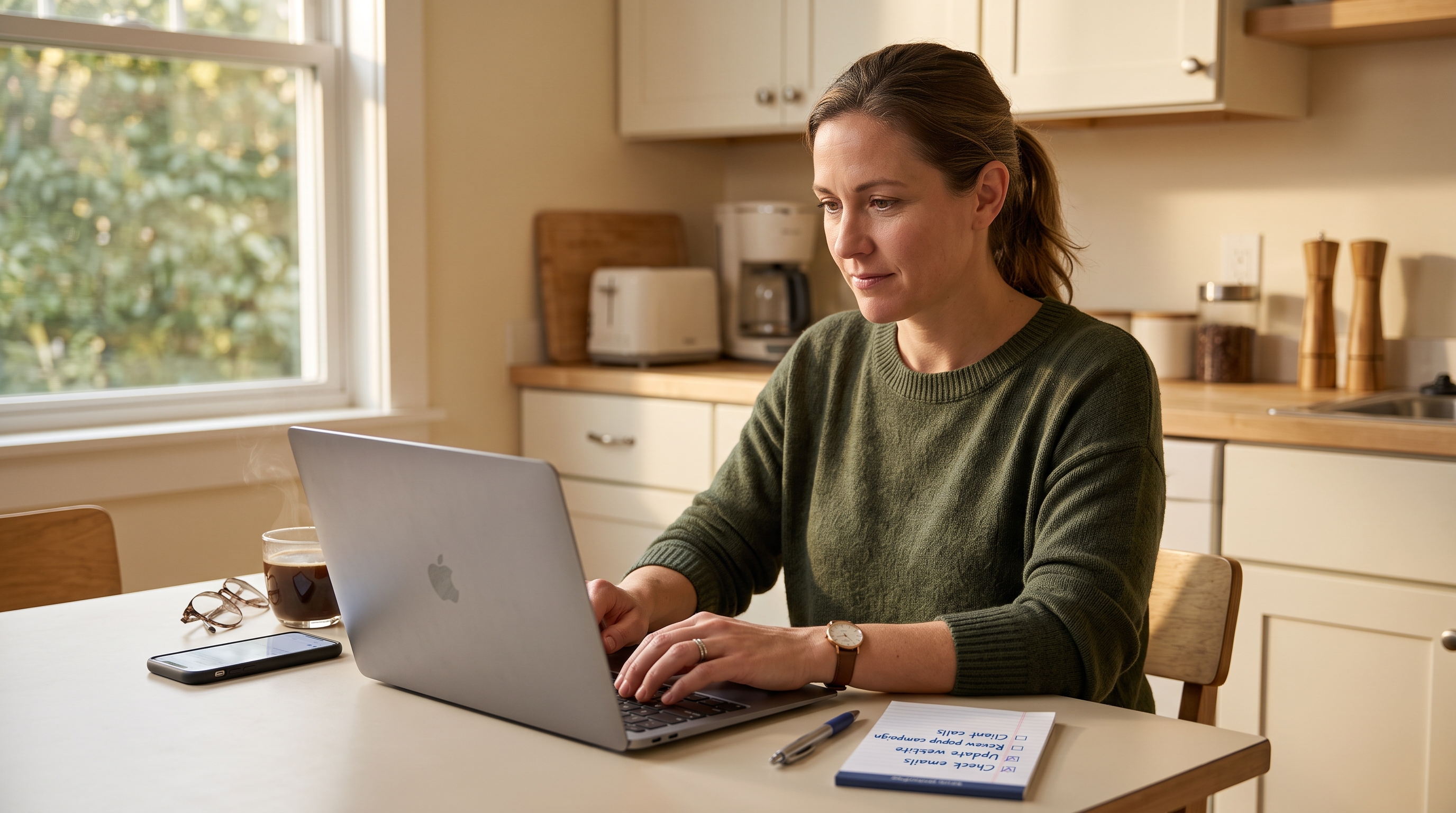 A cleaning-business owner at a kitchen table with a laptop, a phone, and a short handwritten tools list.