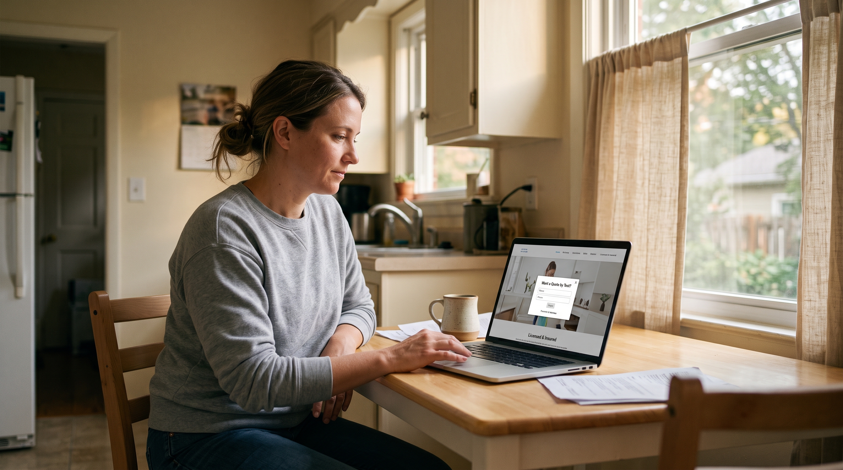 A maid-service owner at a kitchen table looking at a House Cleaning website with a small Licensed & Insured line and a name-and-phone quote popup.