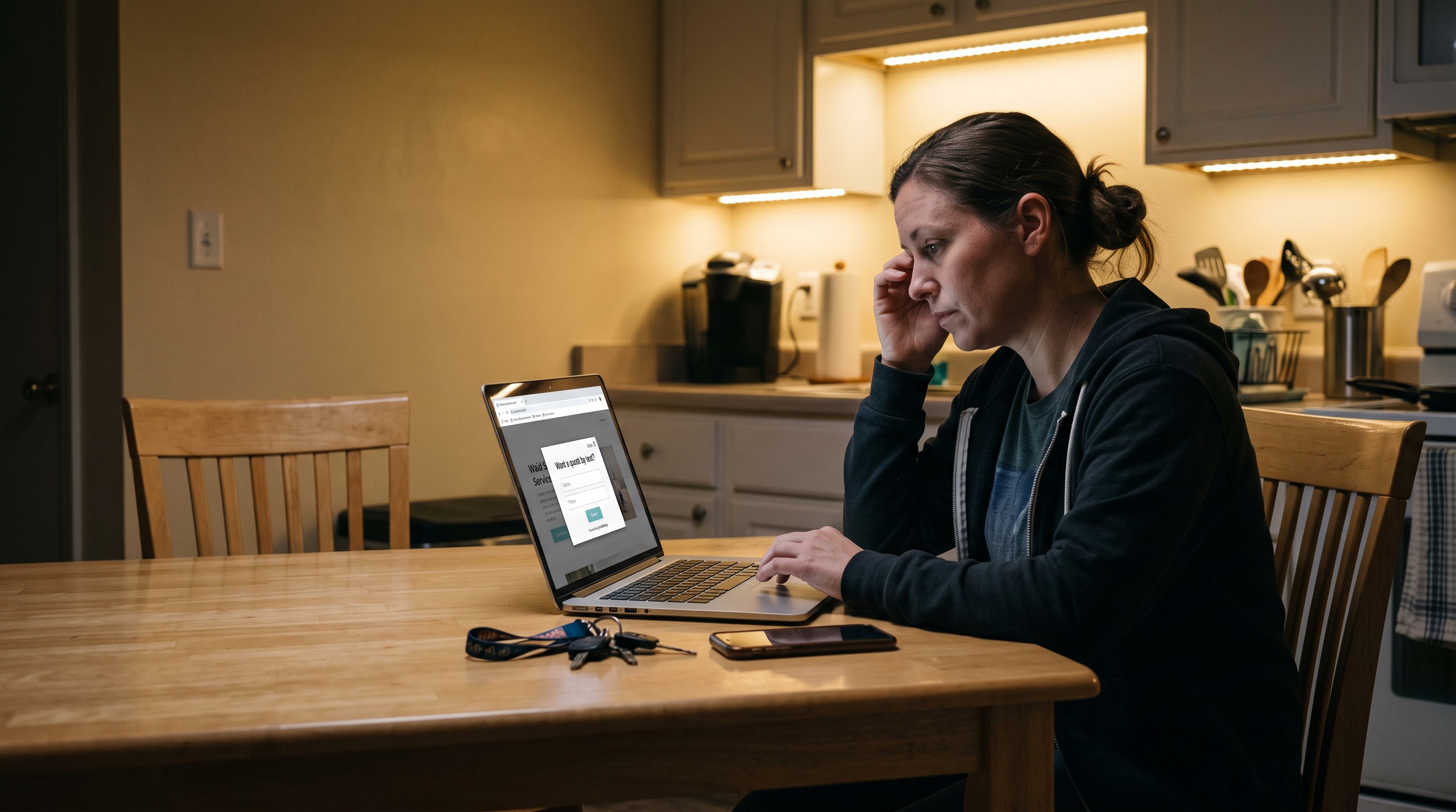 A cleaning-business owner in work clothes at a quiet kitchen table after dark, laptop open to a maid-service site with a small name-and-phone popup.