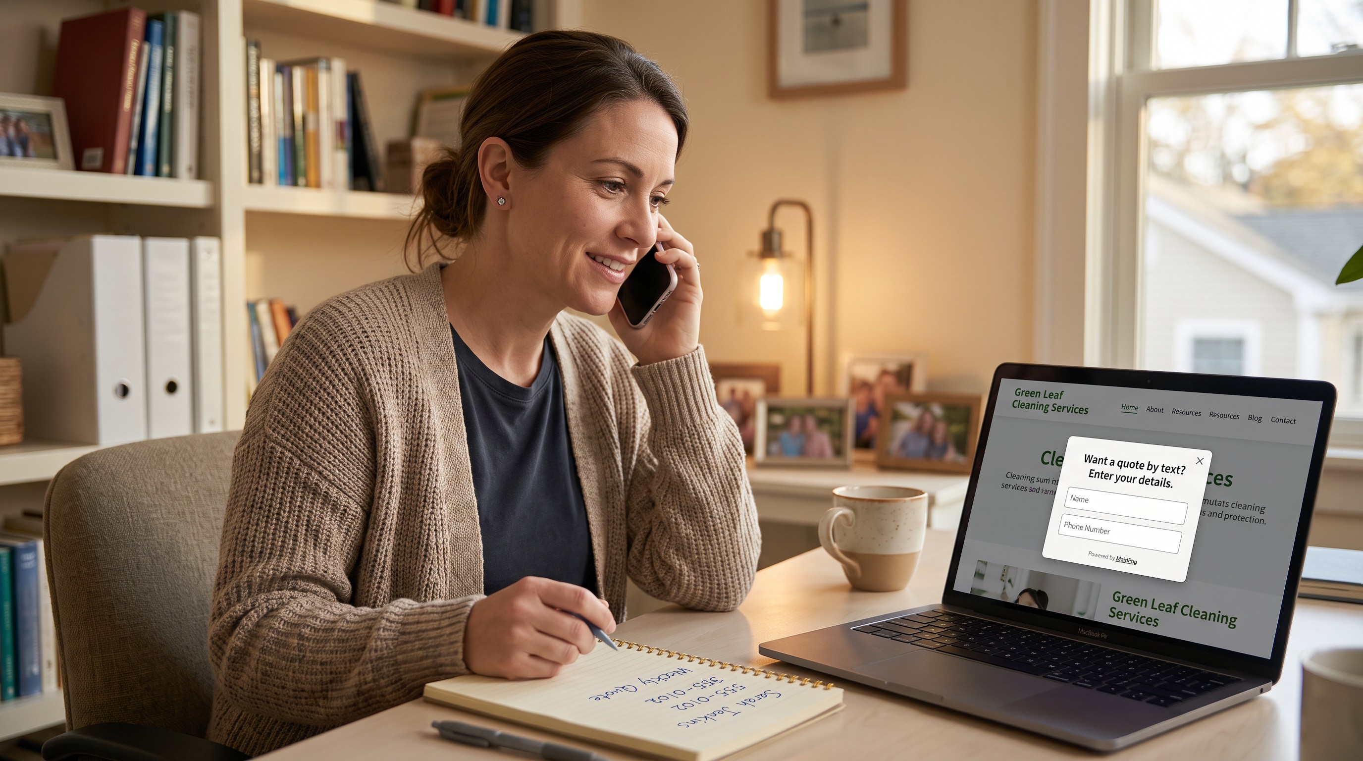 A maid-service owner on a phone call at a home desk, notepad open, laptop showing a small quote-request popup with name and phone fields.