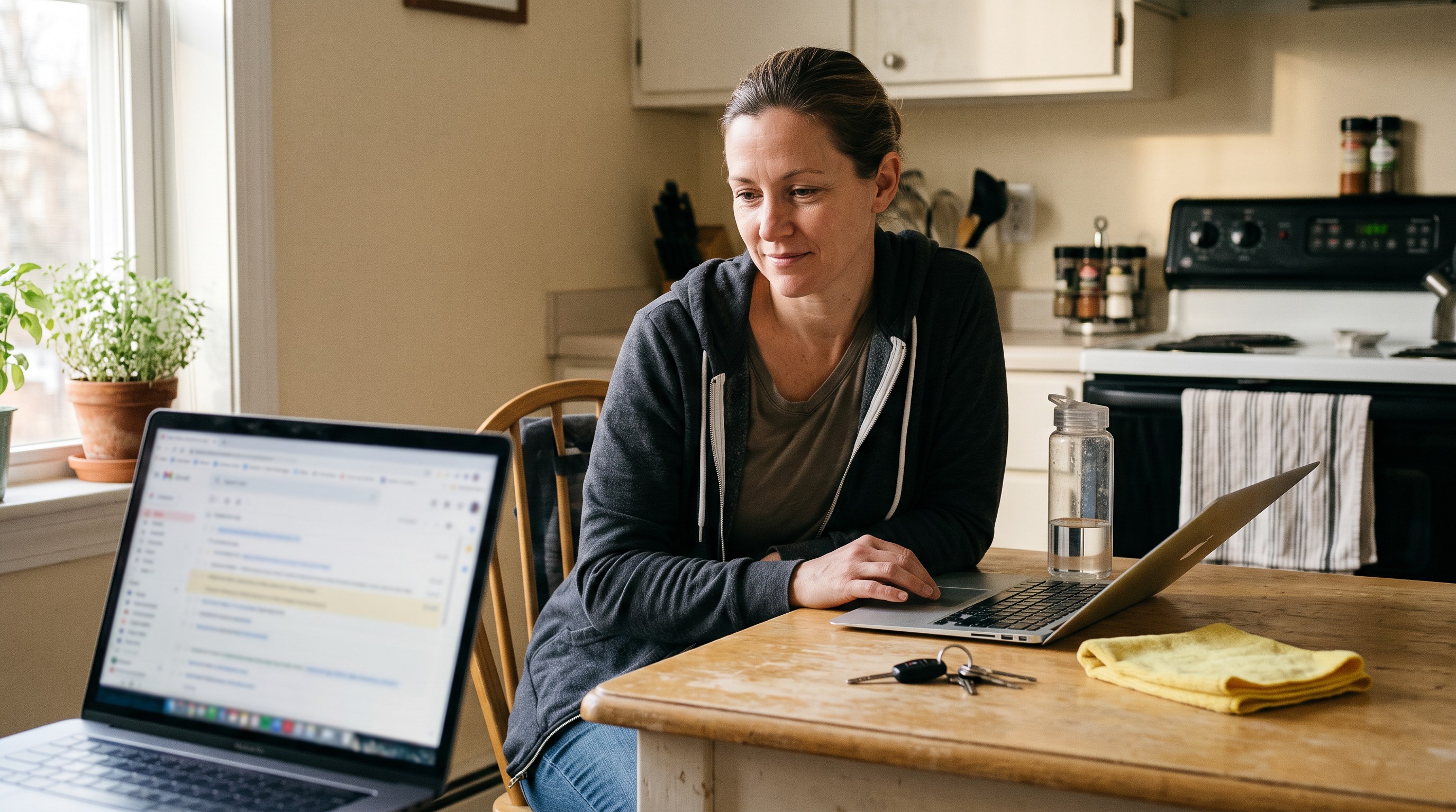 A maid-service owner after a job sitting at a kitchen table with a laptop, checking her cleaning business.